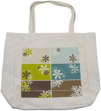 Цвете чанта за пазаруване Ambesonne, Абстрактен Пролетен Комплект с цветя и мащабирани в геометричния ретро-стил, Дългогодишна Множество