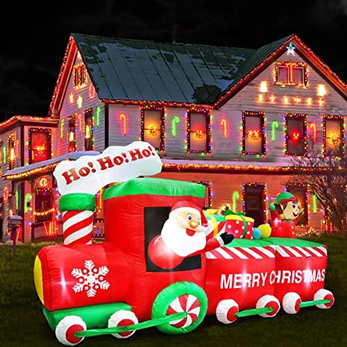 Kalolary 8Ft Коледа Надувное украса за влакове, Дядо Коледа и Елф с подаръци, Надуваем влак, Външно украса за двора с вграден led, всички