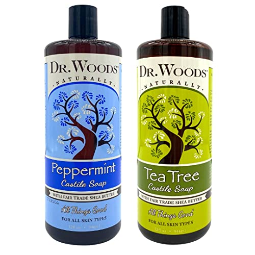 Течен кастильское сапун Dr. Woods с мента и чайным дърво и биологично масло от шеа, 2 опаковки