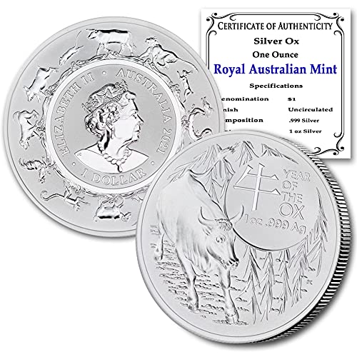 Сребърна монета 2021 година Лунен говедо с тегло 1 унция, Диамант, издаден Кралски монетным двор на Австралия, без да се прибягва, със сертификат за автентичността на ?
