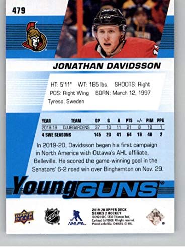 2019-20 Горната deca 479 Джонатан Дэвидссон новак Отава Сенатърс, Хокейна карта НХЛ Йънг Ганз RC, търговска карта