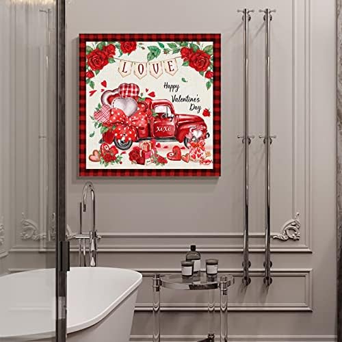 EwdeWwo Платно Стенно Изкуство - Love Heart Truck Розово-Червен Декор в Клетка от Бъфало, Опъната и в Рамка Картини, Готови