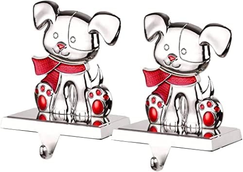 Комплект от 2-те Притежатели за отглеждане на кучета на полицата рафт - Сребристи Метални Коледни Закачалки за отглеждане за камина - Коледни Куки за полицата рафта,
