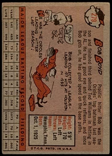 1958 Topps 279 Боб Бойд Балтимор Ориолс (Бейзболна картичка) ДОБРИ Ориолс