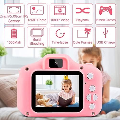 Детски цифров фотоапарат KIUIOPNE 1080P Цветна Играчка Детска Акумулаторна Камера с 2-Инчов екран, 13-МЕГАПИКСЕЛОВА 32 GB (в синьо)