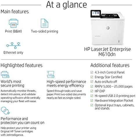 Однофункциональный кабелна монохромен лазерен принтер HP Laserjet Enterprise M610dn, само за бял печат - Сензорен екран с диагонал