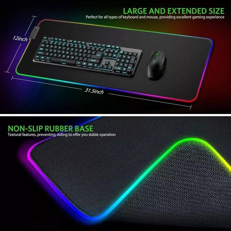 Голяма игри подложка за мишка RGB | Ултра Лъскав Тенис на подложка за клавиатура с 13 режима на осветление 7 цвята | устойчива на