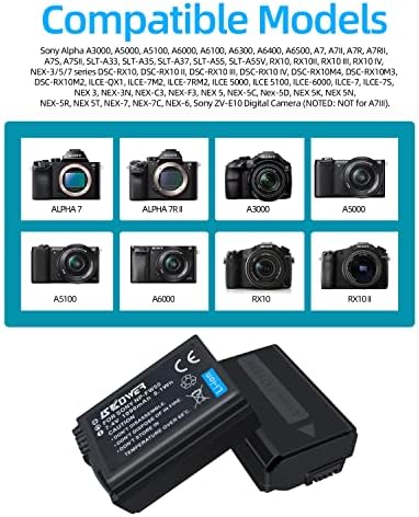 SKOWER NP-FW50 2 опаковки Взаимозаменяеми батерия LCD дисплей Двоен Комплект зарядни устройства Съвместим с Sony Alpha A5100 A6000 A6300 A6400 A6500 A7 A7II A7M2 A7R A7RII A7R2 A7S A7SII A55 RX10 ZV-E10 и т.н. Камер
