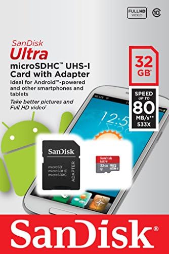 Карта памет SanDisk Ultra microSDHC UHS-I с капацитет от 32 GB с адаптер, в сребърен цвят, Стандартна опаковка (SDSQUNC-032G-GN6MA)