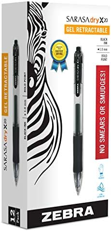 Прибиращ гел писалка Zebra Pen Sarasa Dry X20, Удебелен шрифт, 1,0 мм, Черно мастило, 12 опаковки (Опаковки може да варира)