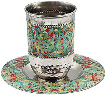 Комплект чаши Emanuel Kiddush от неръждаема стомана и цветни емайл за Шабат и Йом Тов (Граната W CT-9)