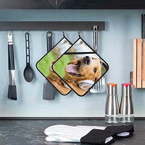 Честит Animal Dog Enjoy the Music Potholder с Панти, Огнеупорни Топлоустойчива Подложка 2 броя кухненски ръкавици за Кухня 8