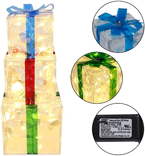 Liooty Комплект от 3 Коледни подаръци Кутии с подсветка, 60 led Подарък Кутии с топла бяла Подсветка, Коледна Украса, Подаръци