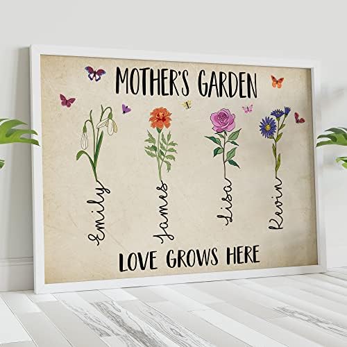 Персонализирани Плакат в градината за майки - Обичай Платно с цветя Месеца на Раждане, монтиран на стената Арт Букет Цветя, Платно с Име За