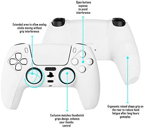 Противоскользящий Силиконов калъф PlayVital за контролер PS5, Мек Гумен калъф за контролера PS5 с тапи за улавяне на палеца - Бял