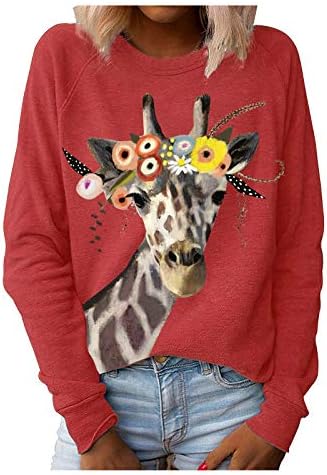 Дамски Hoody с принтом Жираф, Всекидневни Пуловер с кръгло деколте и Графичен Принтом, Красиви Блузи С Дълъг Ръкав, Потници Свободно Намаляване