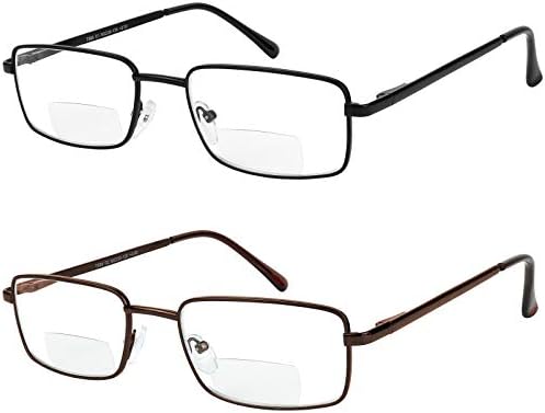 Yogo Vision Бифокални Очила за Четене, 2 Опаковки, Метални Очила за Четене с Пълна Рамки, Правоъгълни Очила за Четене за Мъже