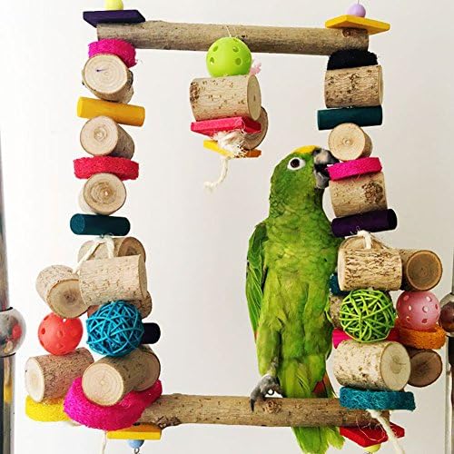 Bonaweite Много Голяма играчка-люлка за дъвчене птици с цветни топки от ратан и естествено оцветени дървени блокове за средни