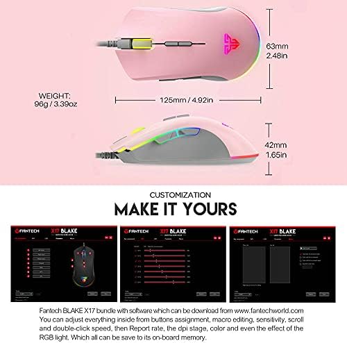 Жичен детска мишката FANTECH Blake X17 Advanced, осветление 16,8 Милиона цвята RGB, оптичен сензор 10 000 dpi, 7 Програмируеми бутона за използване на дясната или на лявата ръка, Розово