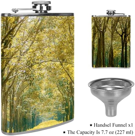 Фляжка за алкохол от неръждаема стомана, запечатани, с фуния, 7,7 грама, в кожени джоба, страхотна идея за подарък, фляжка - Scenic Forest Tree Autumn