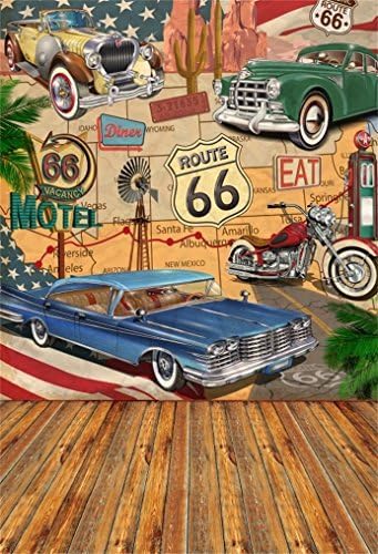 AOFOTO 5x7ft Ретро Фон на Route 66 за показване на стоките, Комичен Ретро Постер за мотел, Плакат за камион, дюшеме, Портретна Фон За Снимки,