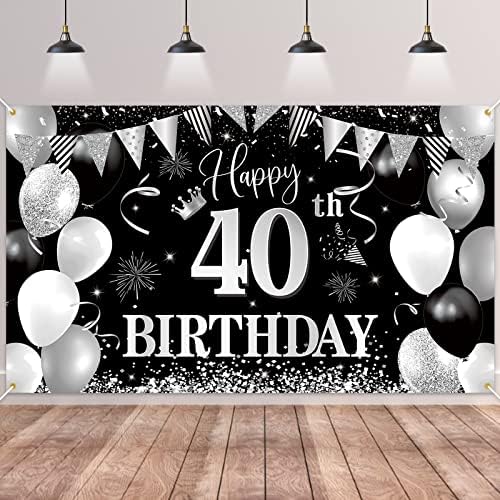 на фона на банер на 40-ия ден от раждането, BTZO Happy 40th Birthday Decorations, Черно-Сребрист Текстилен Фон за парти в чест на 40-годишнината