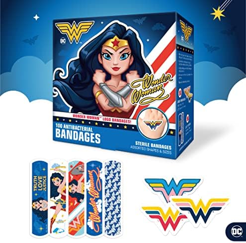 Детски превръзки Wonder Woman, 100 карата | Носят Като Етикети, Самозалепващи Антибактериални превръзки, за малки порязвания, ожулвания, изгаряния. Пълнители за Великденс?