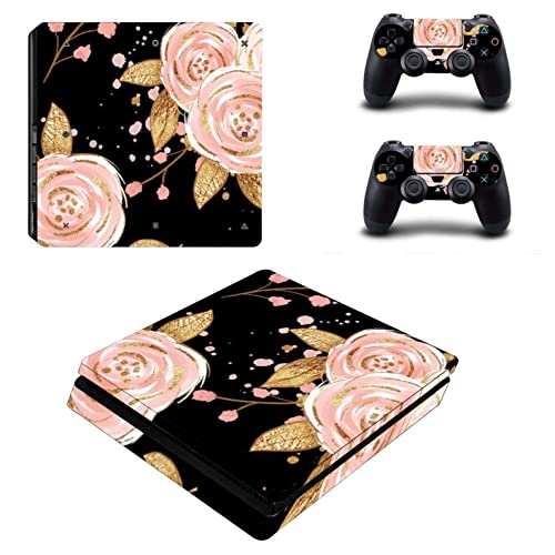 ZOOMHITSKINS PS4 Тънка кожа, която е съвместима с Playstation 4 Тънка, Златни Гланц на цветя Розова Роза Черна Необичайна, 1