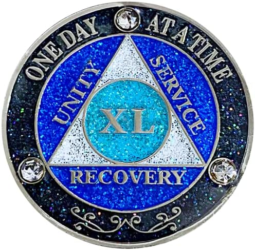 (1-50 години) Медальон с кристали и пайети AA 1 година, Сребърен цвят, с черна Дъга, сини пайети и три прозрачни кристали, покрити