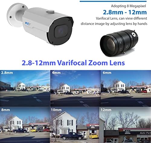 GW Security 4K 8MP Външна/Вътрешна камера за видеонаблюдение е с променливо фокусно разстояние от 2.8-12 мм, PoE IP Микрофон, куршум