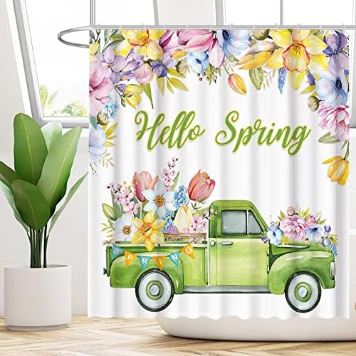 Allenjoy 72 x 72 Здравей Spring Truck Завеса за Душ за Баня, Комплект Великденски Акварел, Пъстри Флорални Декорации за