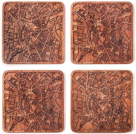 Поставка за карти от Кеймбридж дизайн студио O3, Комплект от 4 теми, Дървена поставка Sapele С Карта на града, Ръчна изработка