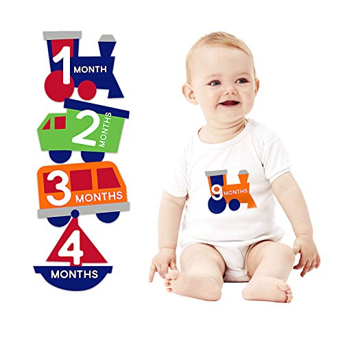 Pearhead Milestone Етикети за детски корема, Набор от подпори за фотосесия, Включва влакове, камиони, каравани и лодки, 1-12 месеца
