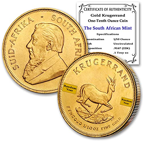 1967 ZA - до Момента (Случаен година) 1/10 унция Южноафриканското злато Крюгерранд Официално законно платежно средство на Монетата Брилянт