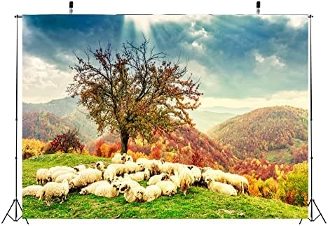 BELECO 9x6ft Плат Библейска Сцена Овце Фона на Румънските Карпати Планински Есенен Пейзаж Овце Под едно Дърво на Светия