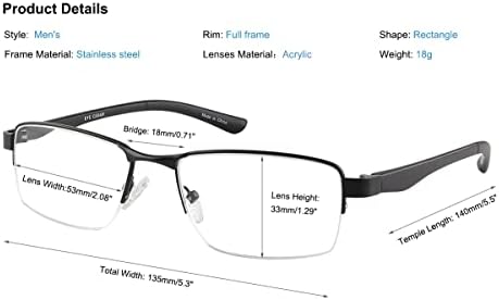 EYECEDAR 5-Pack Очила За Четене Мъжки Метални В Полукадровой Правоъгълна Рамка От Неръждаема Стомана Материал Прозрачни Лещи За Четене 2.00