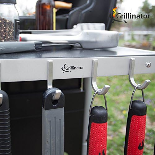 Стойка за инструменти Grillinator BBQ - Полирана Неръждаема стомана, 6 куки за съхранение на скара и кухненски аксесоари - Лесна инсталация - Газ, въглища и електрическа ска