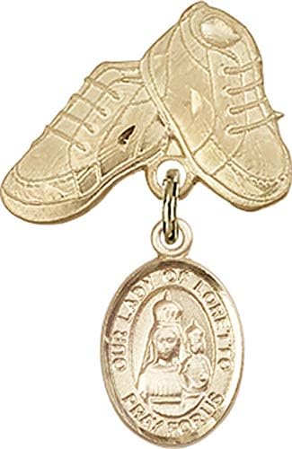 Детски икона Jewels Мания чар на Дева мария Loretto и игла за детски сапожек | Детски икона от 14-каратово злато с чар
