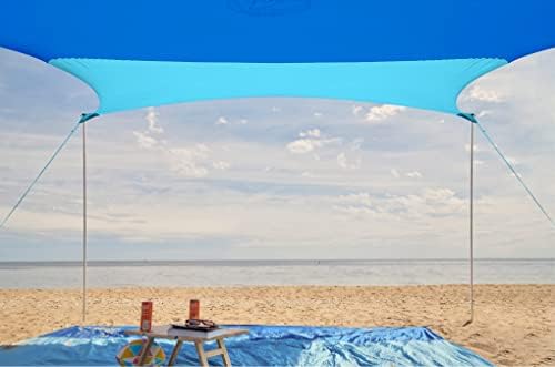 Плажен навес WEKAPO Sun Shelter - Плажен навес с размери 8 x 8 метра с 4 продълговати шестами, големи торби с пясък и лопата, с височина 6'7 инча, плажен козирка от слънцето за сем