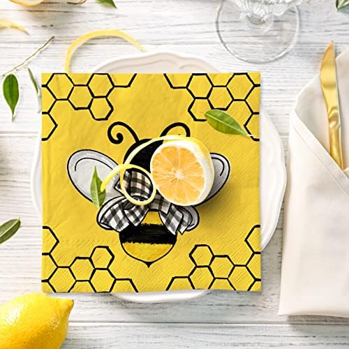AnyDesign 80 Опаковки Хартиени Салфетки за пчелите за Еднократна употреба Летни Жълти Салфетки за Обяд с Пчели, Меден Кошер,