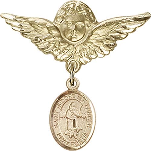 Детски икона Jewels Мания за талисман на Свети Исидор-Фермер и пин Ангел с крила | Детски иконата със златен пълнеж с талисман