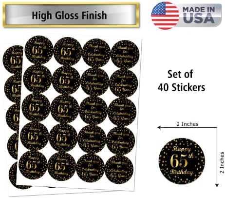 2-ри кръг-цолови лъскавите етикети на 65-ти рожден ден, черна със златни стикери Благодаря за честване на 65-та годишнина, напълно подходящ