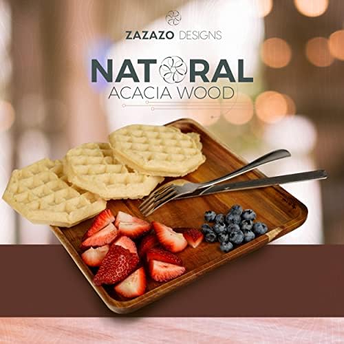 Zazazo разработва квадратни кът чинии от дърво акация - Голям от 10 инча, комплект от 4. Дървена чиния за ядене, десерт, ястие