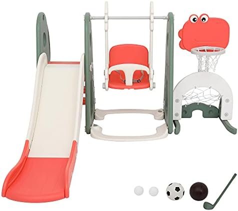 BFCGDXT Детска пързалка с динозавром и люлки, Многофункционален набор от 5 в 1, Детски игри, определени за Катерене с баскетбольным пръстен, футболни врати, голф, Малка д