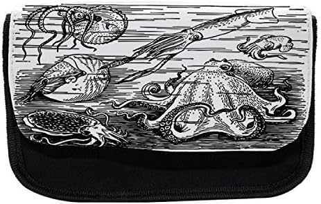 Молив случай за Моливи Лунен Октопод, Аква Wildlife Ocean Nature, Тъканно Чанта за Моливи с двоен цип, 8,5 x 5,5, Черно-Бял