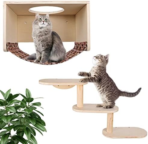 Хамак за котки Kphico с стенните рафтове, стелажи за котки и убежища за стени, Убежища за катерене котки с 3 стъпки, Стенни мебели за котки за игри, катерене и отдих, може