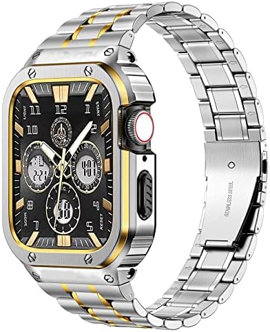 Каишка за часовник MioHHR с корпус от неръждаема стомана, съвместим с Apple Watch Серия 6/5/4 / SE (44 мм), здрав каишка с метална предпазна броня за iWatch Band Men (сребърен/златен)