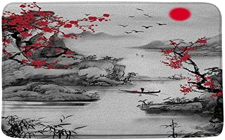 Азиатски Подложка за баня в цветове на Череша, Японски Цвете Червена Слива, Китайски Ориенталски Пейзаж, Рисуване Туш, Слънце,
