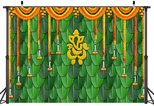 Ticuenicoa 7 × 5 метра Индия Пуджа Традиционен Фон За Снимки, Бананов Лист на Зелен Фон Чатия Ганеш Невен Пуджа Ганпати Сватбена Фотография