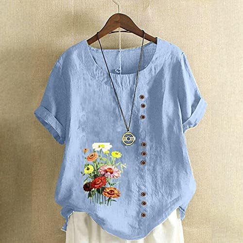 Блуза копчета за момичета с къс ръкав и кръгло деколте, Бельо Блуза с Флорални Принтом Маргаритка, Извънгабаритни Блузи, Ризи Женски